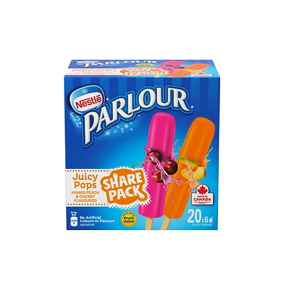 Pops au jus, pops glacés à saveur de mangue et pêche et de cerise, faits avec du jus de fruits, 60 calories par portion, sans colorants artificiels, sans arômes artificiels, format partage 1.3 L