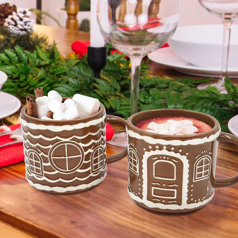 Holiday Time Lot de 2 Mugs Empilables en Grès Maison en Pain d’Épices, Marron, Vaisselle Festive