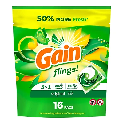 Gain Flings Laundry Detergent Pacs, Original Scent, with Odour Defense, concentrated laundry soap pacs, 16 Count