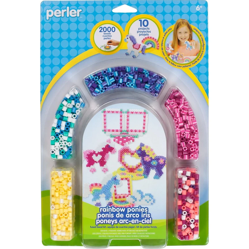 Perler Rainbow Ponies Fused Bead Kit makes 10 projects, 2004 Pieces, great for ages 6 and up, 2000 Beads, 3 Pegboards