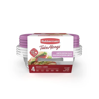 Rubbermaid TakeAlongs 669 ml (2,9 tasses) récipients de rangement carrés pour les aliments, série spéciale violet orchidée, ensemble de 4