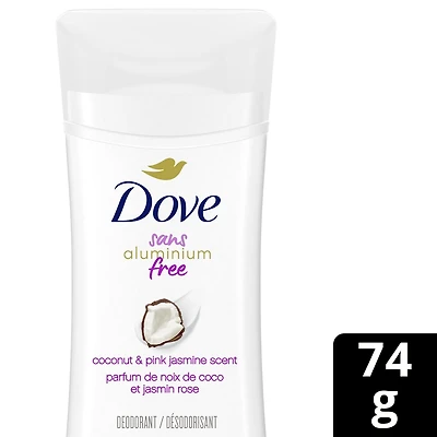 Dove Aluminum Free Déodorant for Soft Underarms, for Soft Underarms, Coconut & Pink Jasmine Scent, 74g