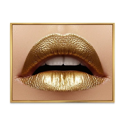 Designart Close Up of Female Plump Lips With Golden Lipstick FLOAT FRAME WALL ART