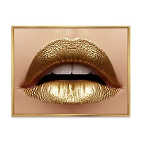 Designart Close Up of Female Plump Lips With Golden Lipstick FLOAT FRAME WALL ART