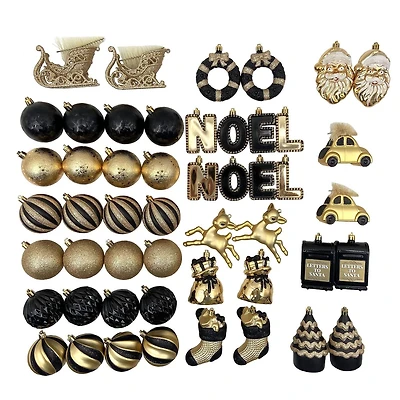 Holiday Time 50-Count Iconic Symbols of Christmas Shatterproof Christmas Ornaments, Black/Gold, 50 pieces