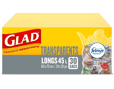 Sacs à ordures transparents de Glad, boîte de 30 sacs à ordures longs de 45 L avec senteur fraîche et 30 sacs