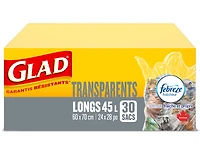 Sacs à ordures transparents de Glad, boîte de 30 sacs à ordures longs de 45 L avec senteur fraîche et 30 sacs