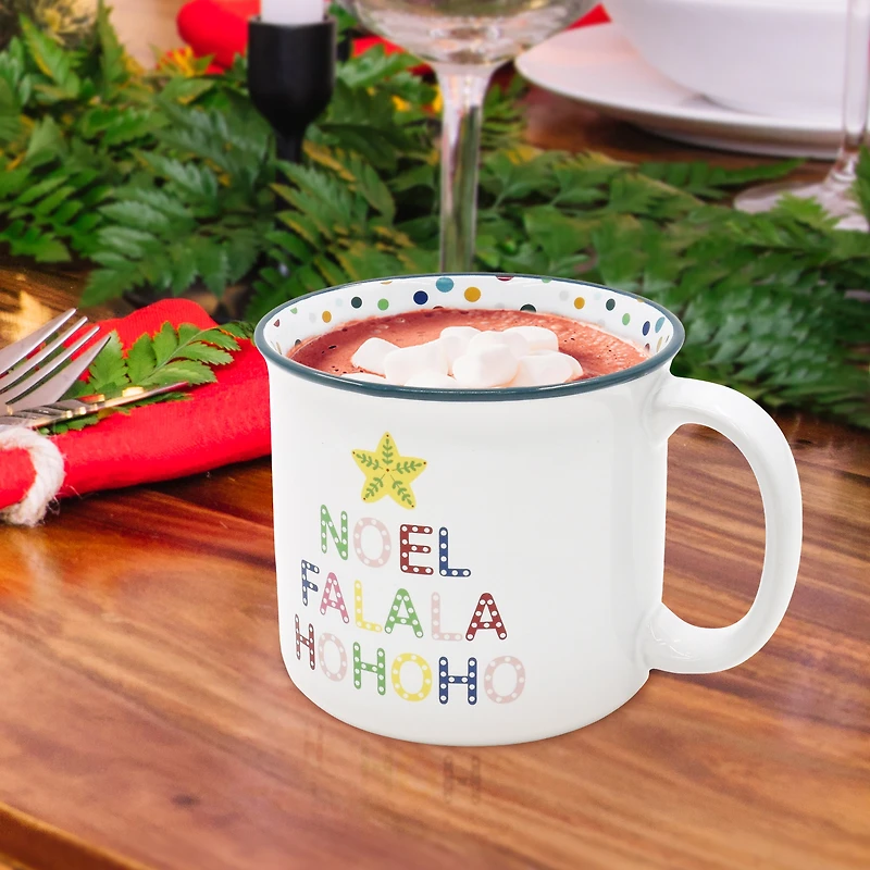 Holiday Time 15 oz Stoneware Christmas Words “NOEL FALALA HOHOHO" Blue Rim Polka Dot Festive Mug