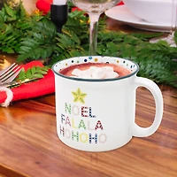 Holiday Time 15 oz Stoneware Christmas Words “NOEL FALALA HOHOHO" Blue Rim Polka Dot Festive Mug