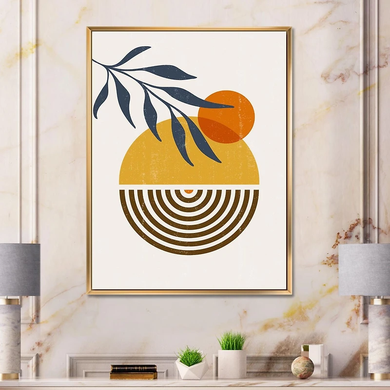 Designart Botanical Minimalist Leaf With Abstract Shapes IV FLOAT FRAME WALL ART