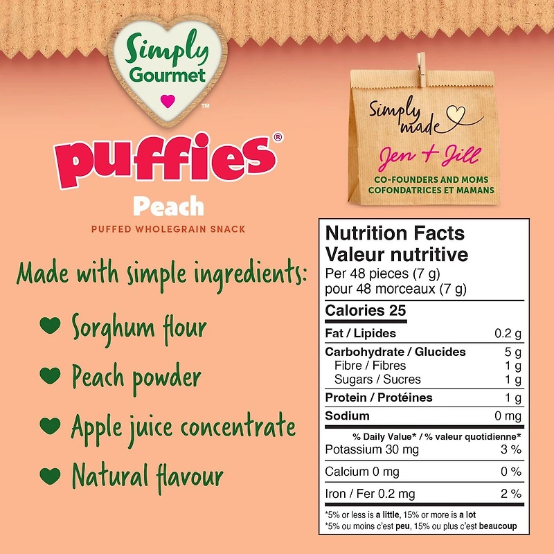 Collation pour bébé Simply Gourmet Puffies à la Pêche Collations soufflées aux céréales