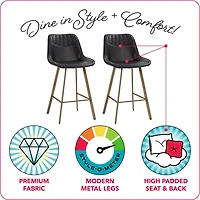 CorLiving Christoff Farmhouse Modern Upholstered Indoor Counter-Height Barstools with  Metal Legs - Set of 2