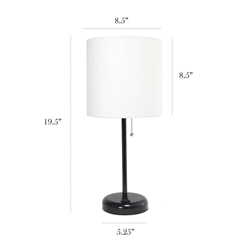 LimeLights Black Stick Lamp with Charging Outlet and Fabric Shade, White