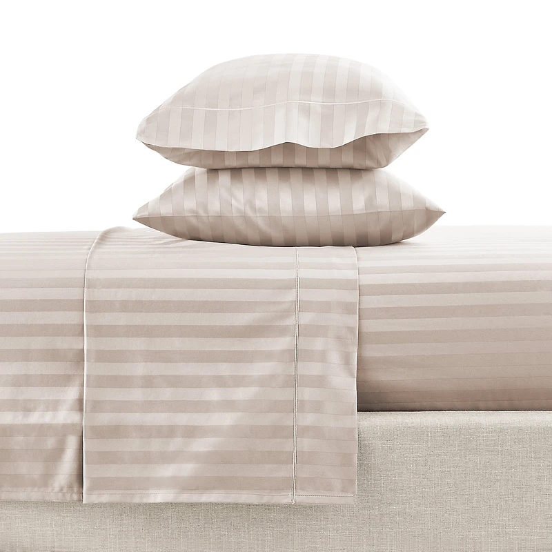 Hotel Style 4-Piece 600 Thread Count Beige Stripe Egyptian Cotton Adult Bed Sheet Set, King-Deep Pocket