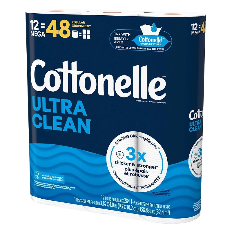Papier hygiénique Cottonelle Ultra Clean,12 méga rouleaux, 284 feuilles par rouleau