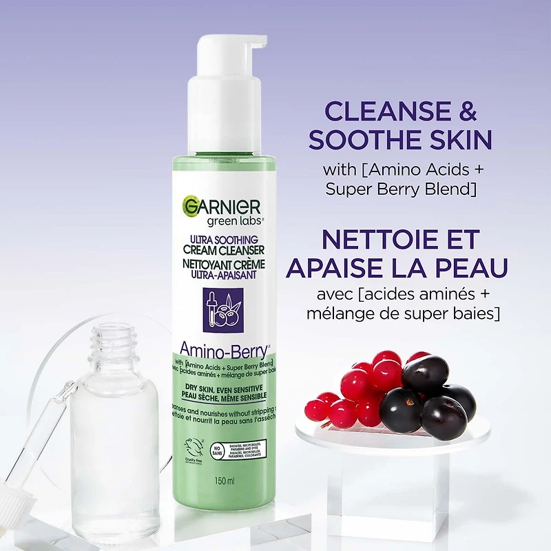 Garnier Green Labs Amino-Berry Crème nettoyante douce pour le visage hydrate et apaise la peau, 150 mL
