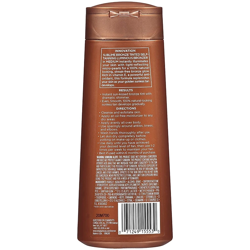 L'Oreal Paris Sublime Bronze Bronzeur lumineux autobronzant teinté avec vitamine E et micro-perles, sans stries, scintillement intense, moyen, 200 ml