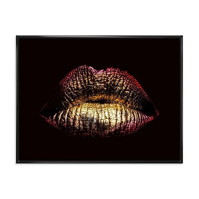 Designart Lèvres féminines métallisées dorées sexy IV ART MURAL À CADRE FLOTTÉ