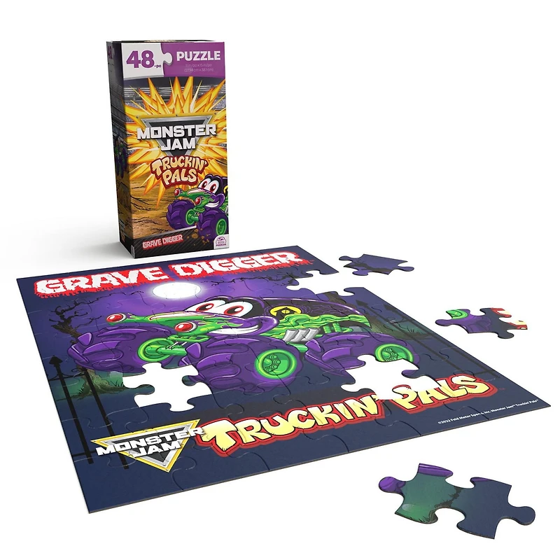 Monster Jam, Truckin’ Pals Grave Digger 48-Piece Jigsaw Puzzle Monster Truck Sensory Toy for Toy Box Cool Stuff Kids Puzzles, for Kids Ages 4 and up