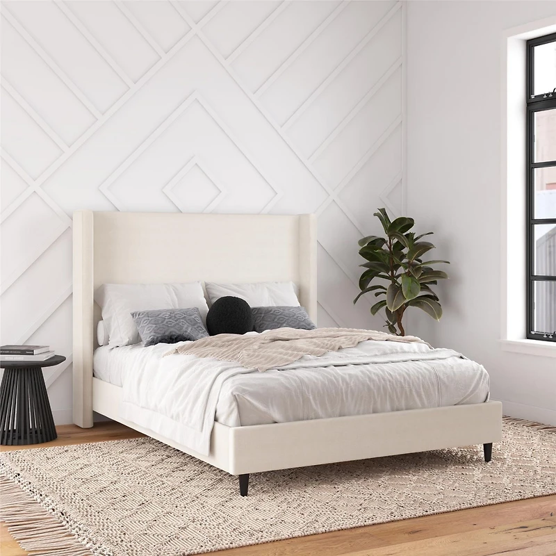 DHP Eveline Upholstered Platform Bed Frame with High Wingback Headboard, Queen, Textured Gray Canvas