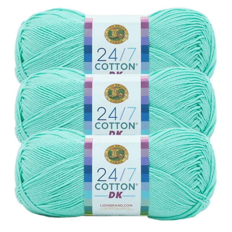 Lion Brand 24/7 Cotton® DK Yarn #3 Light/DK weight 100g/273m 3-Pack