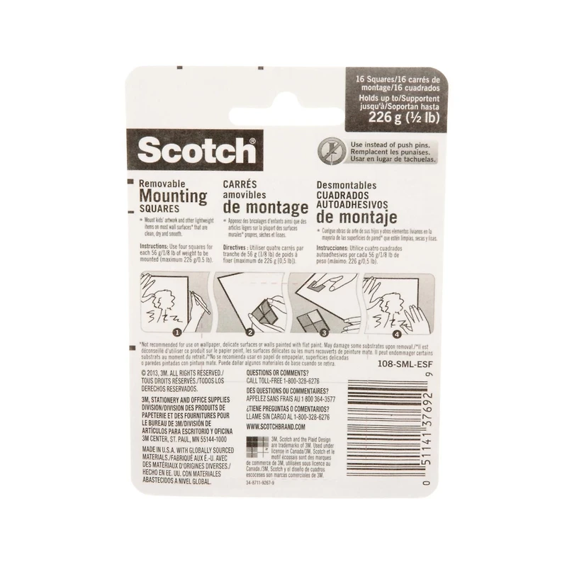 Scotch® Removable Mounting Squares 108-SML-ESF, 0.5 in (1.27 cm)