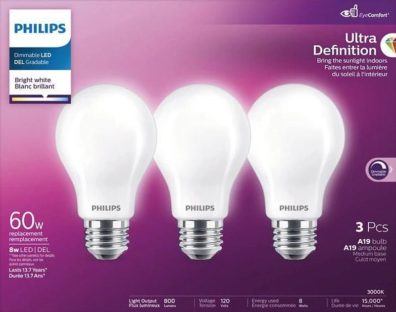 PHILIPS 8W 60W Ultra Definition A19 Bright White Dimmable LED Light Bulbs - 3 Pack, PHL LED 60W A19 BW 3