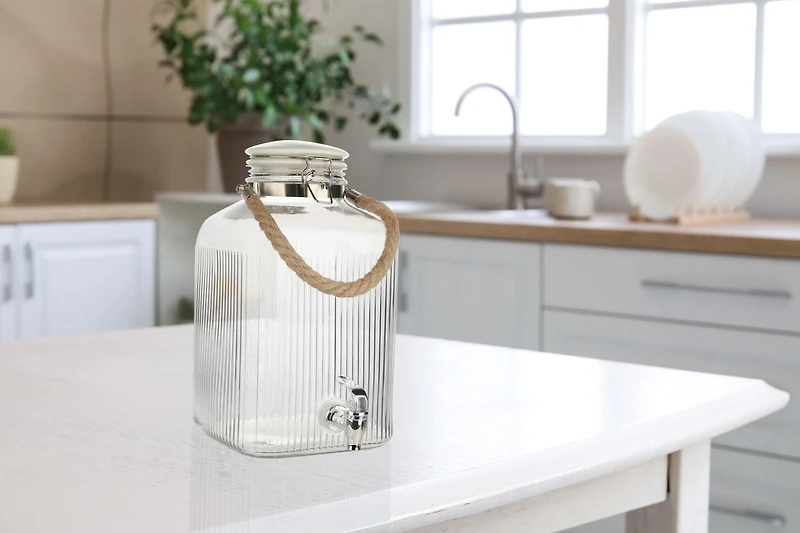 Distributeur de boissons en verre transparent à côtes, 2 gallons, 1 pièce Distributeur de boissons en verre