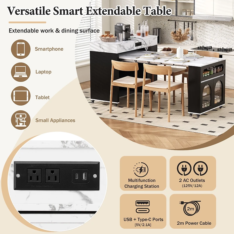 Noble HouseTREXM Extendable Dining Table with Extra-Long Folding Top, Rolling Kitchen Island with Drawers(Black + Marble White)