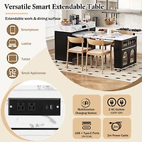 Noble HouseTREXM Extendable Dining Table with Extra-Long Folding Top, Rolling Kitchen Island with Drawers(Black + Marble White)
