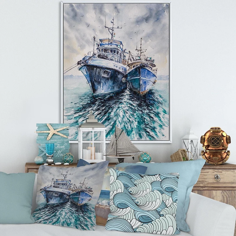 Designart Two Fishing Boats Before A Storm Anchored FLOAT FRAME WALL ART