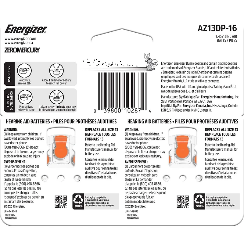 Energizer 13, Emballage de 16, Orange