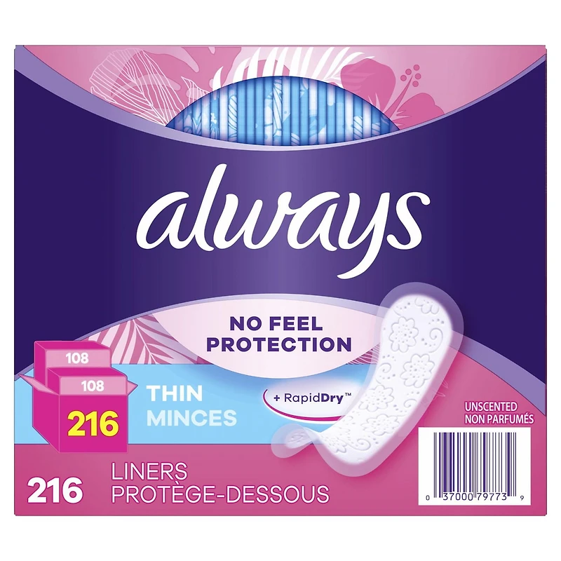 Protège-dessous quotidiens Always Thin protection imperceptible, degré d’absorption régulier, non parfumés, 216 protège-dessous 216CT