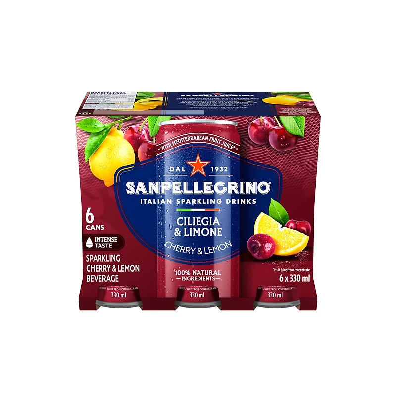 SANPELLEGRINO Boisson pétillante aux fruits italienne Ciliegia et Limone, faite avec du jus de fruits méditerranéens