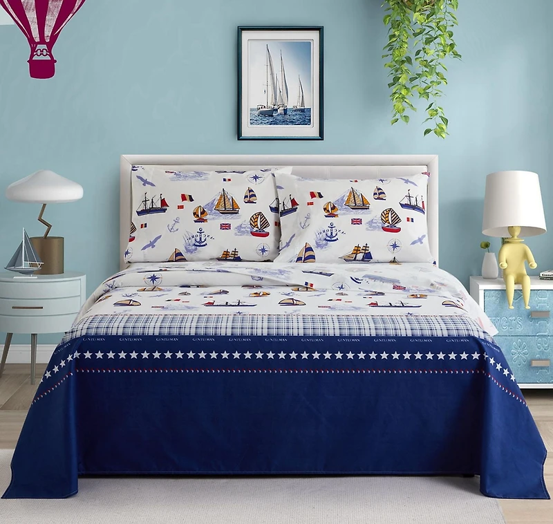 Literie toutes saisons en percale de coton doux et profond, motif bateau à voile, pour enfants et tout-petits, motif marine