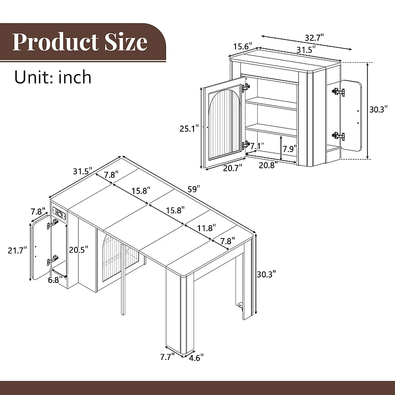 Noble House Table à manger extensible Horizon,3 feuilles amovibles avec îlot roulant Mobile et prise de courant, blanc crémeux + naturel