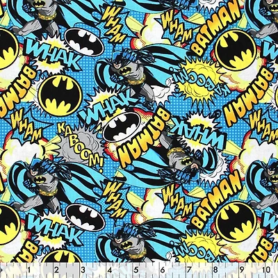 Fabric Creations Blue Dots with Batman Action Cotton Fabric by the Metre