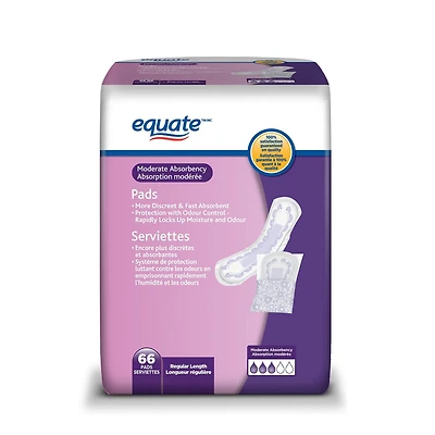 Serviettes à contrôle de la vessie absorption modérée d'Equate 66 serviettes, longueur ordinaire