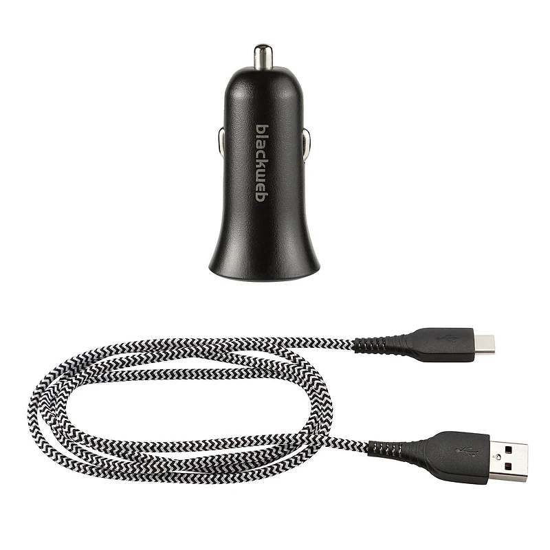 Trousse de chargement à double port pour la voiture avec câble USB-C vers USB de 0,9 m (3 pi) blackweb (Noir)