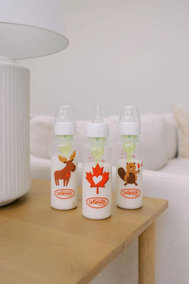 Dr. Brown's Anti-Colic Options+ Narrow Baby Bottle, 8oz / 250mL, Level 1 Slow Flow, Moose / Beaver, 0m+, 4 pack, 8 oz, 4 pack