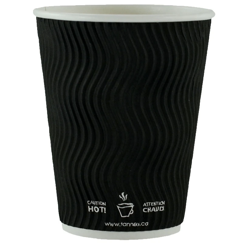 Double Wall Paper Coffee Cup 12oz with Dome Lid, Black, Set of 50 Cups and Lids