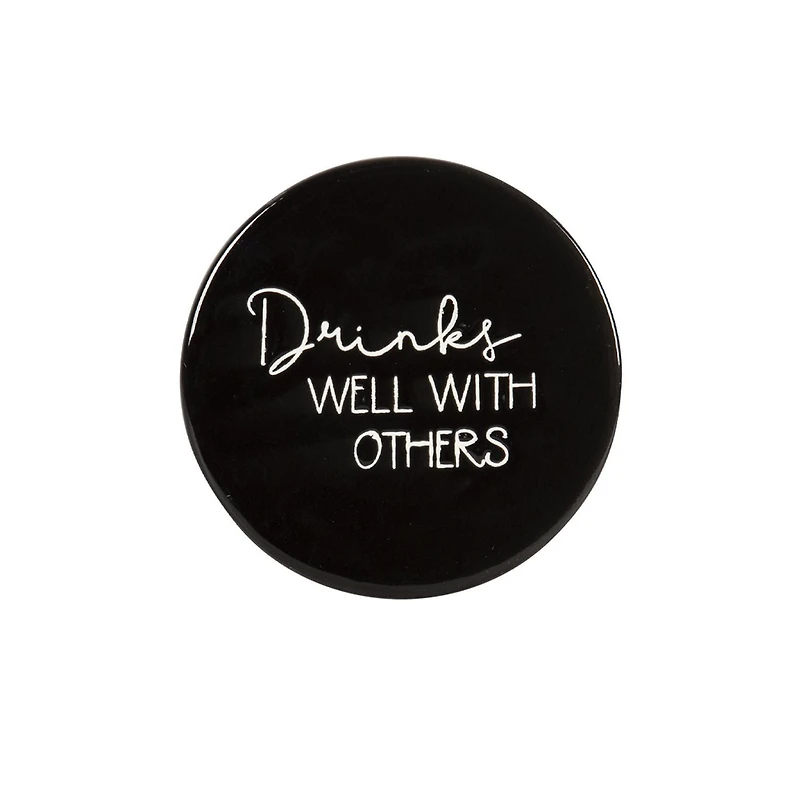 Linden Porcelain 4 Piece Coaster Set with Black Finish, Assorted Sayings, 3.9in Diameter