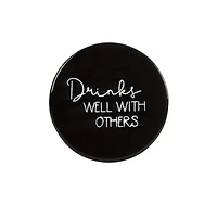 Linden Porcelain 4 Piece Coaster Set with Black Finish, Assorted Sayings, 3.9in Diameter