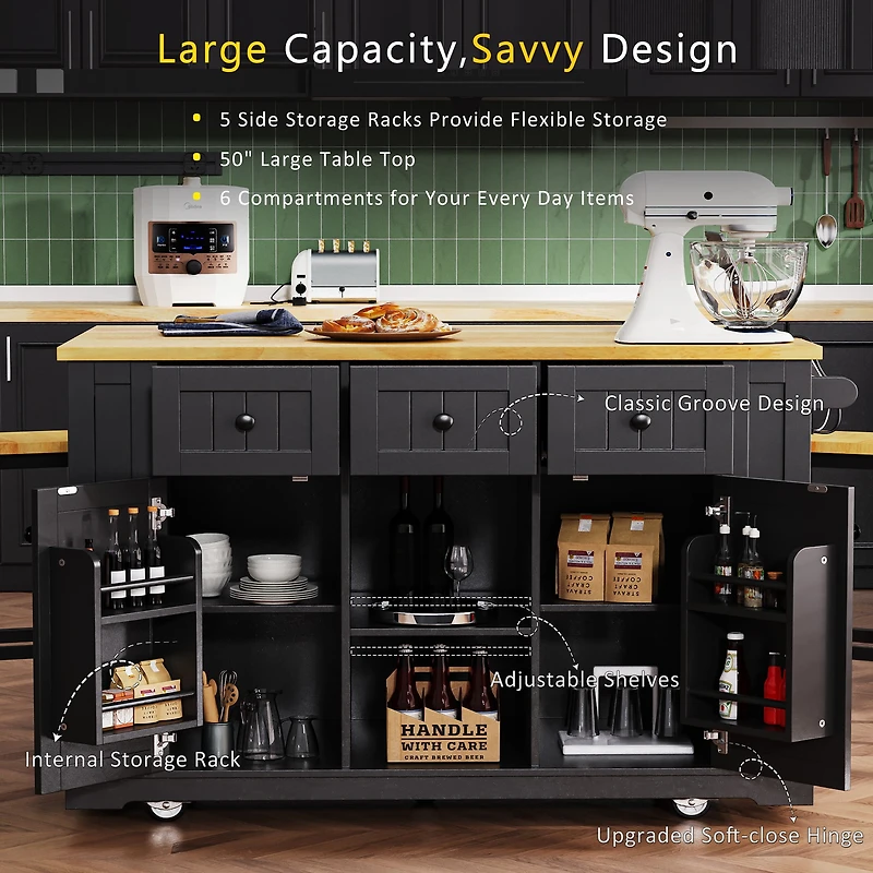 Noble House 53inch Large Kitchen Island with 2 Bar Stools, Power Outlet,Black