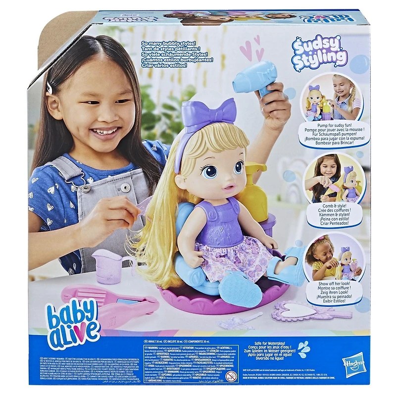 Baby Alive Sudsy Styling, poupée de 30 cm, dès 3 ans, accessoires de salon de coiffure pour poupée, liquide à bulles, cheveux blonds À partir de 3 ans