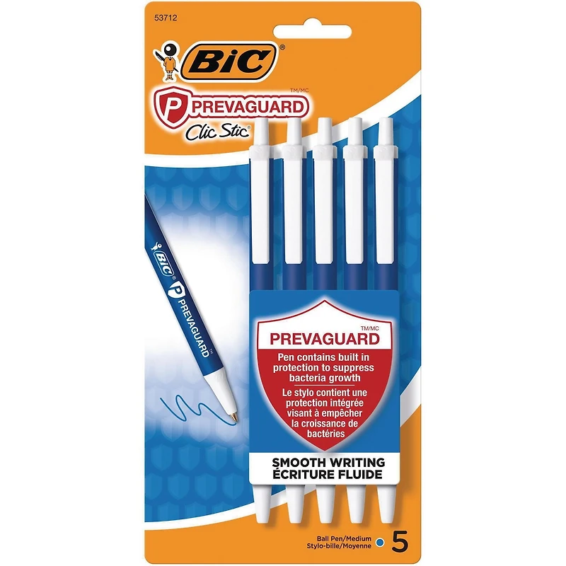 Stylo-bille rétractable BIC PrevaGuard Clic Stic, bleu, taille de pointe moyenne de 1,0 mm, écriture douce et polyvalente Paquet de 5