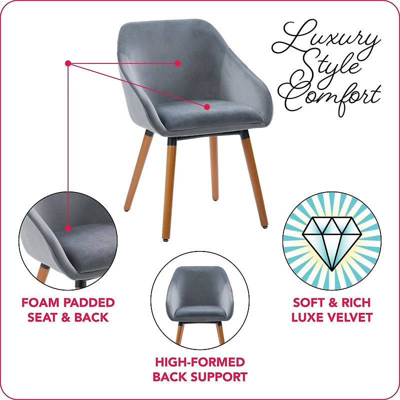 CorLiving Ayla Lot de 2 chaises d'appoint d'intérieur rembourrées en velours avec pieds en bois évasés