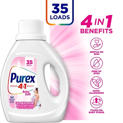 Détergent à lessive liquide hypoallergénique concentré, Purex Baby Soft, sans colorant, testé par des dermatologues pédiatriques, 1,17 L, 35 brassées, compatible avec les laveuses HE