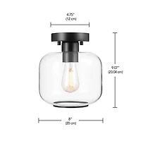 Plafonnier affleurant à 1 ampoule noir mat avec abat-jour en verre transparent