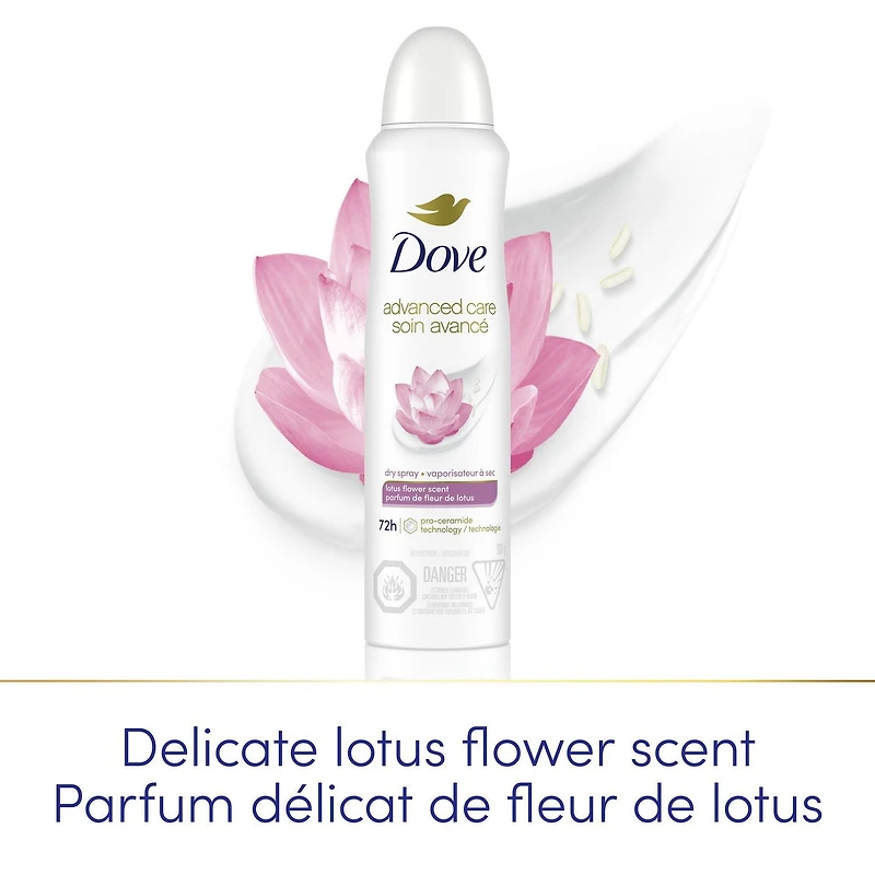 Antitranspirant vaporisateur à sec 72h de protection Dove Nourishing Secrets Parfum fleur de lotus protection antibactérienne contre les odeurs 107g